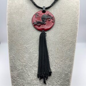 Chico’s Red Black Dragon Pendant Necklace Multi Strand Beaded Tassel